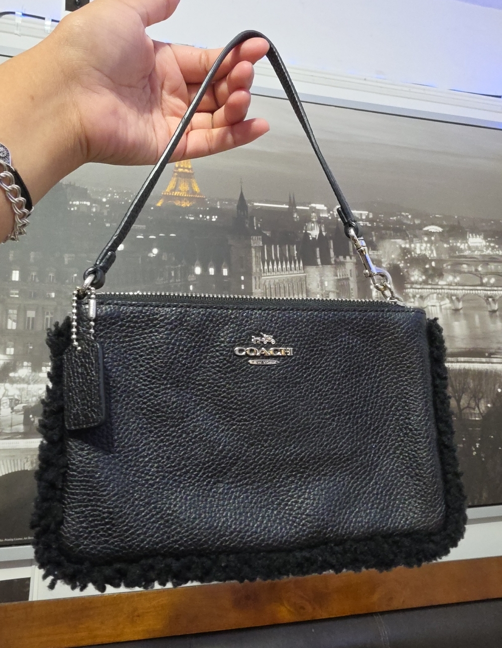 Coach Black Pebbled Leather Wristlet with Shearling Trim